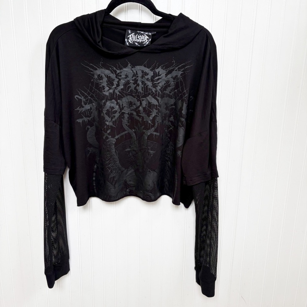 Killstar Dark Forces Black on Black Mesh Sleeves Cropped Hooded Tee Size XXL